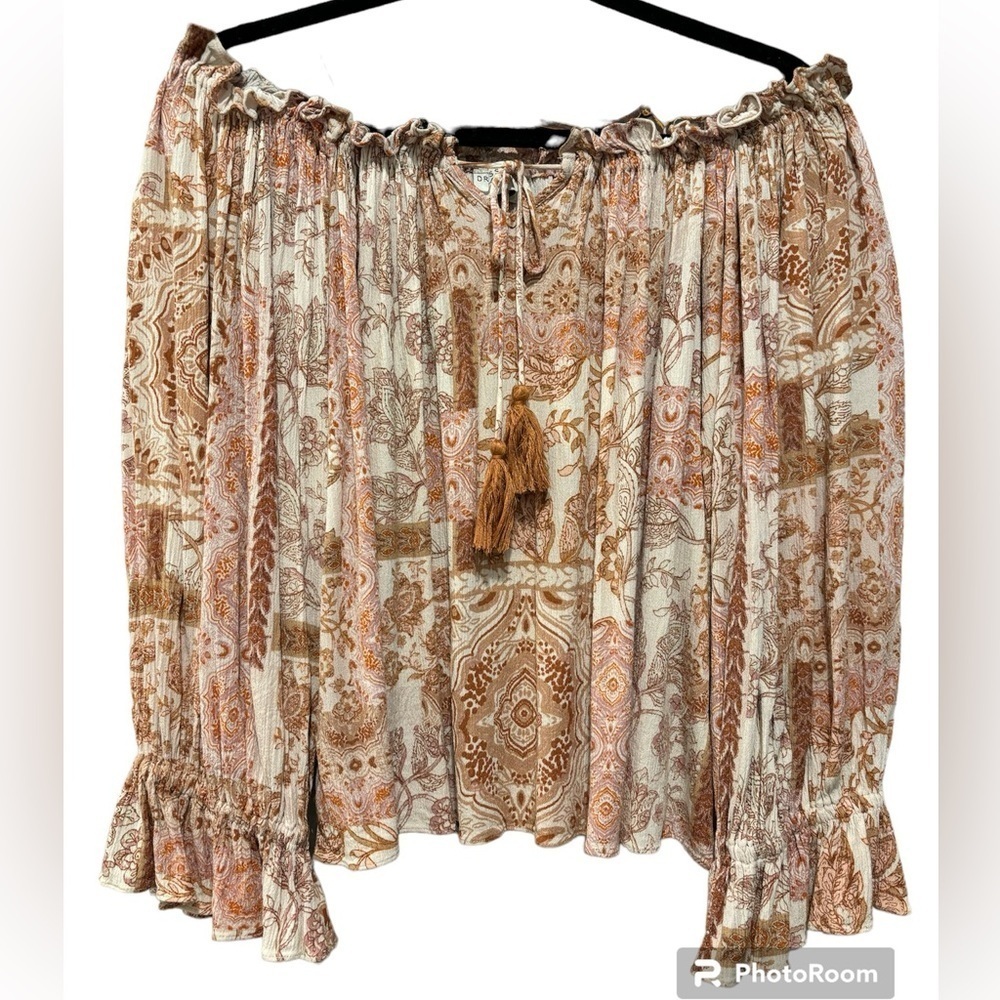 Dress Forum floral geometric long sleeve shoulderless top beige brown size small